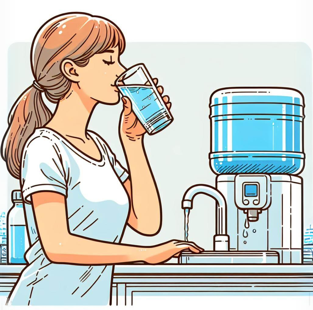 Mulher bebendo água ao lado de um purificador de água